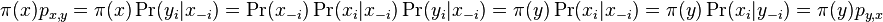 \pi (x)p_{{x,y}}=\pi (x)\Pr(y_{i}|x_{{-i}})=\Pr(x_{{-i}})\Pr(x_{i}|x_{{-i}})\Pr(y_{i}|x_{{-i}})=\pi (y)\Pr(x_{i}|x_{{-i}})=\pi (y)\Pr(x_{i}|y_{{-i}})=\pi (y)p_{{y,x}}