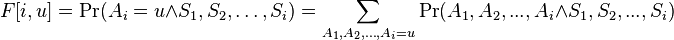 F[i,u]=\Pr(A_{i}=u\wedge S_{1},S_{2},\dots ,S_{i})=\sum _{{A_{1},A_{2},\dots ,A_{i}=u}}\Pr(A_{1},A_{2},...,A_{i}\wedge S_{1},S_{2},...,S_{i})